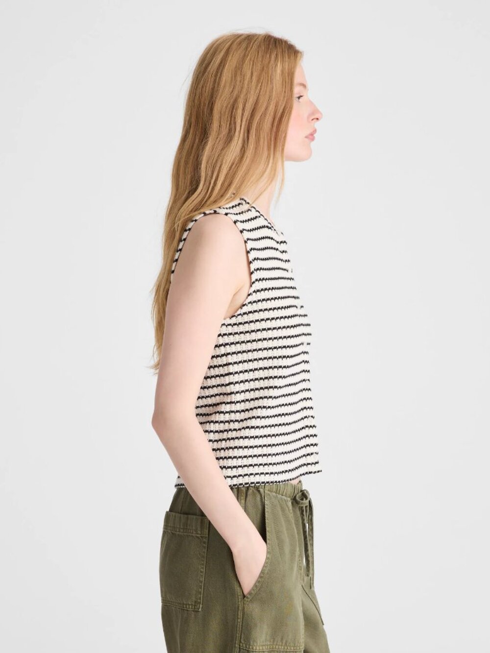 Madewell Cream/Black Striped Button-Down Textured Tuck Stitch Shell Top S NWOT - Picture 3 of 6